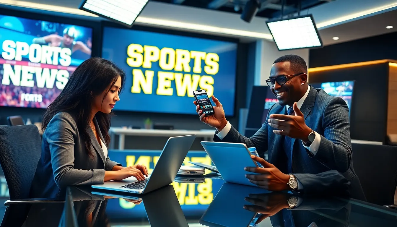 diverse team reporting breaking sports news in a modern newsroom.