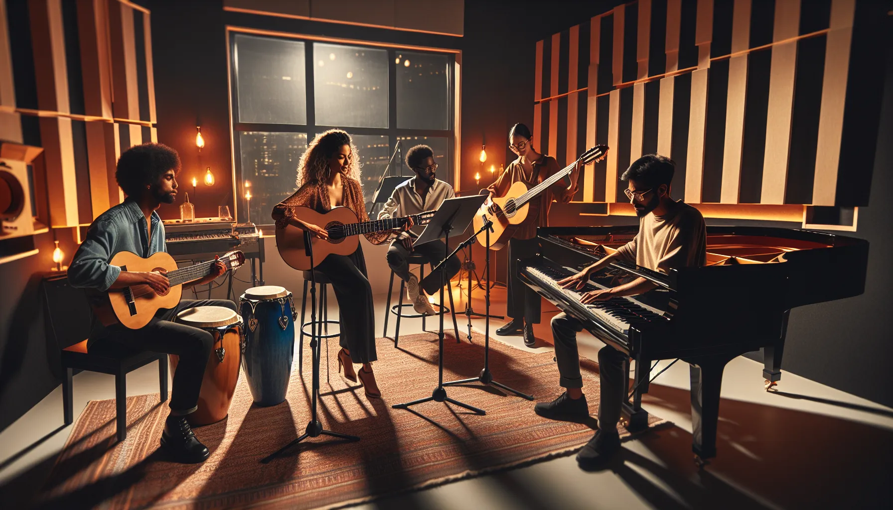 musicians collaborating in a modern studio on 6/8 music.