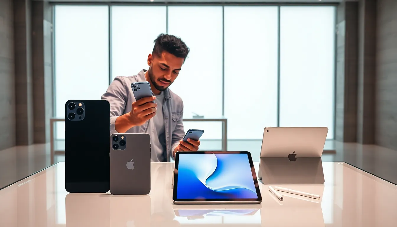 Showcase of new Apple iPhones and iPads in a modern setting.