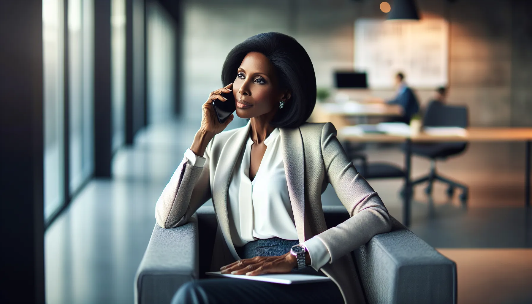 A woman in a modern office discussing securely over her smartphone.