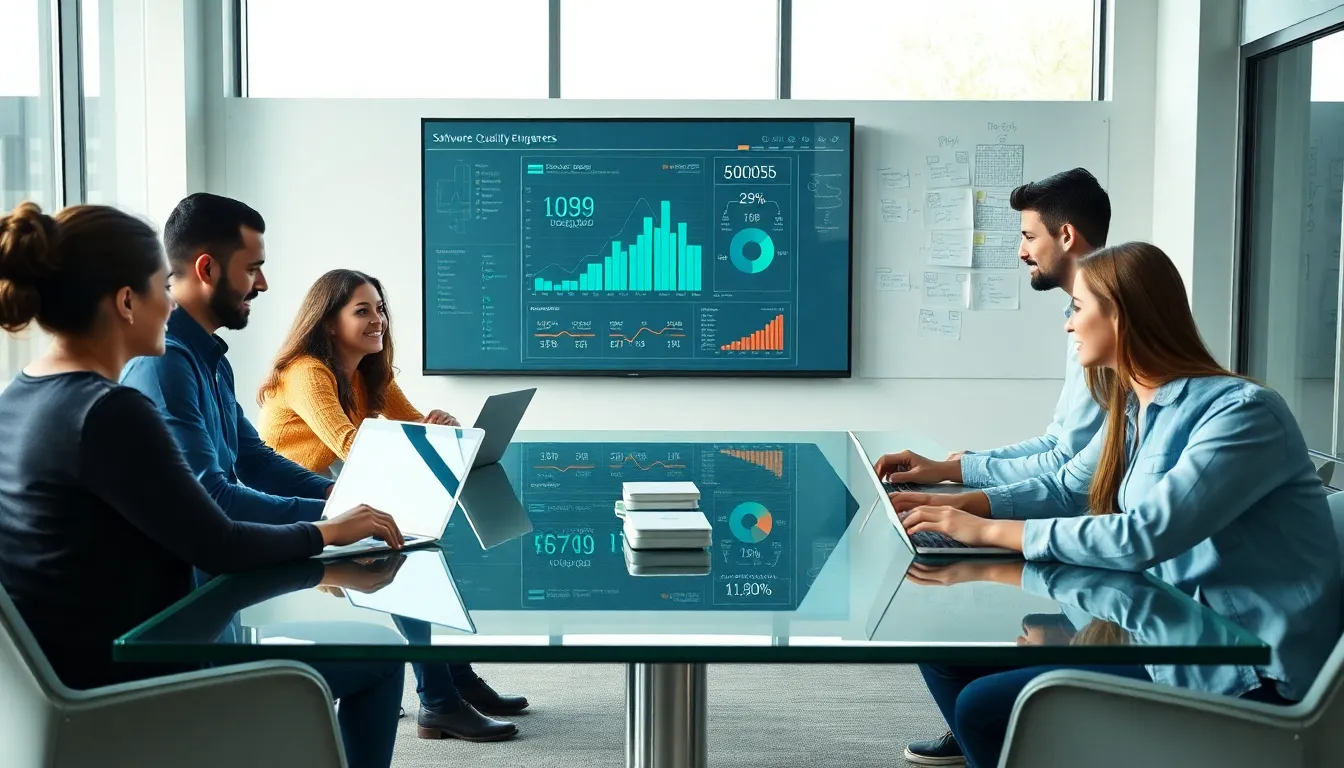 diverse team of software quality engineers collaborating in a modern office.