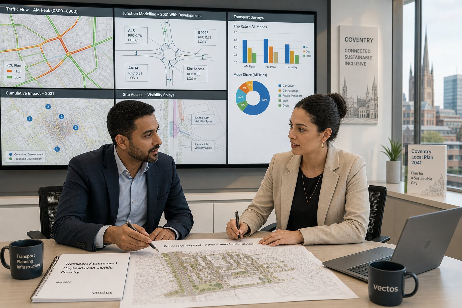 Traffic engineer reviewing Coventry transport planning documents in a modern office.