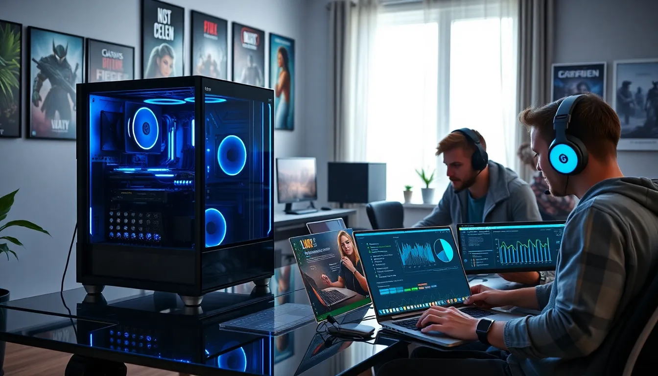 diverse gamers troubleshooting a PC freeze in a modern gaming setup.