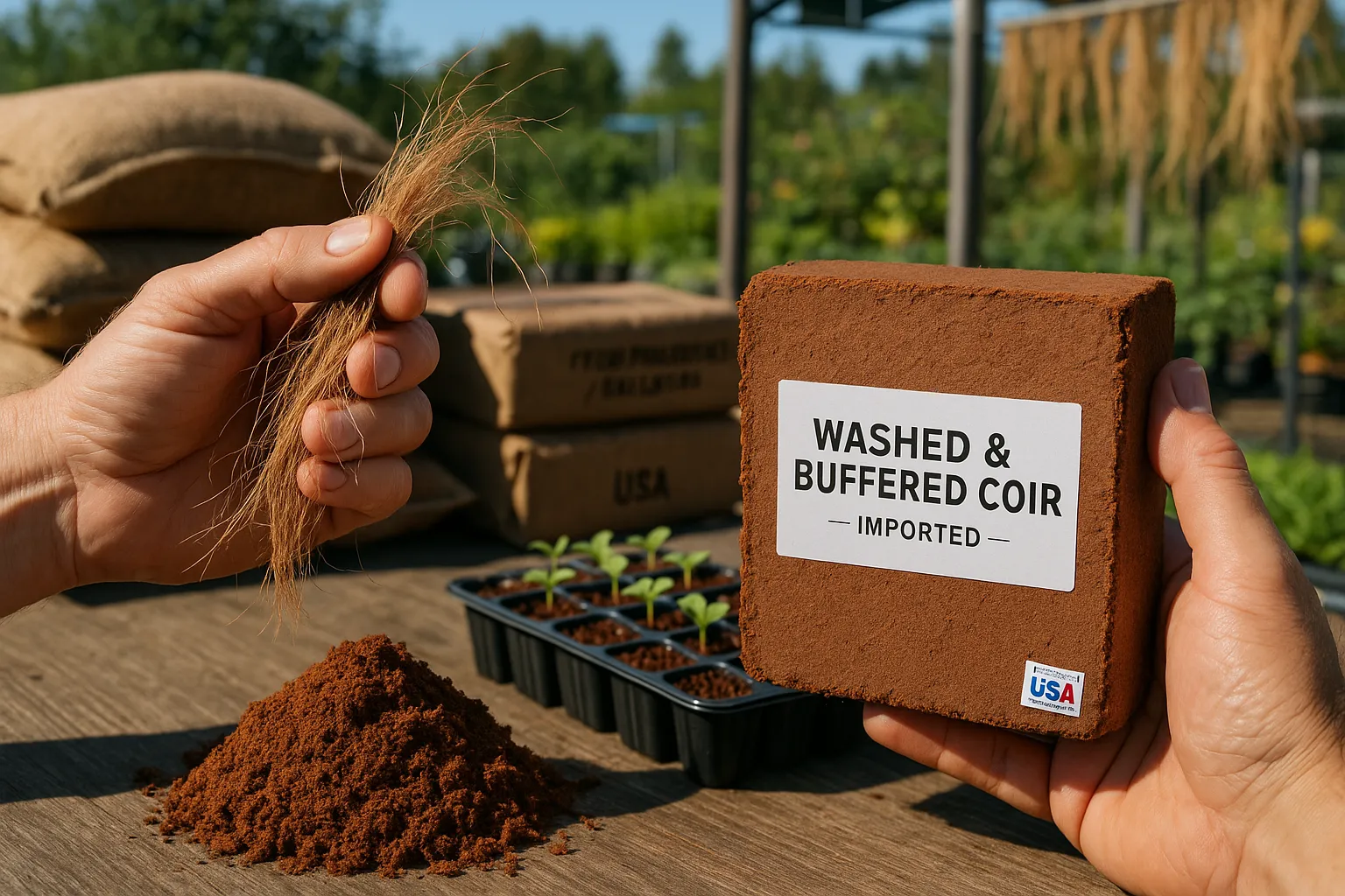 Hands splitting a washed coir block beside seedlings and loose coir pith.