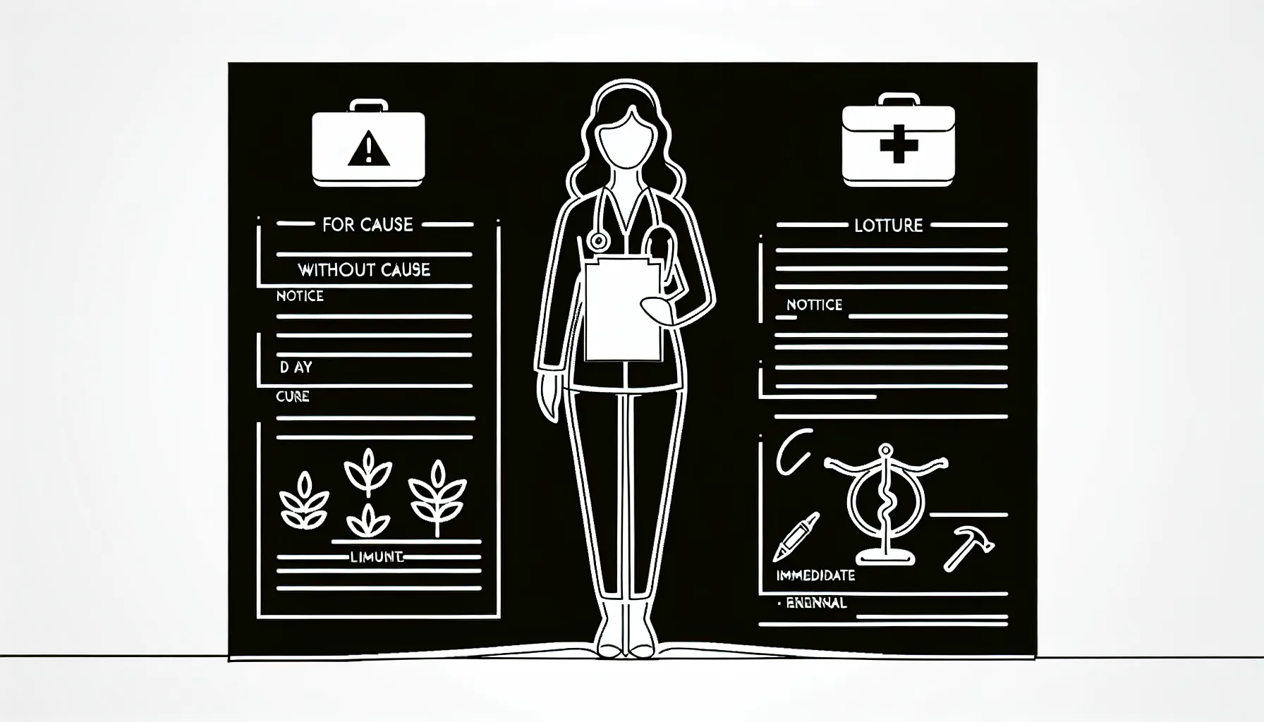 Physician holding a labeled contract showing cause, notice, cure, and immediate termination of Terminating A Physician Contract.