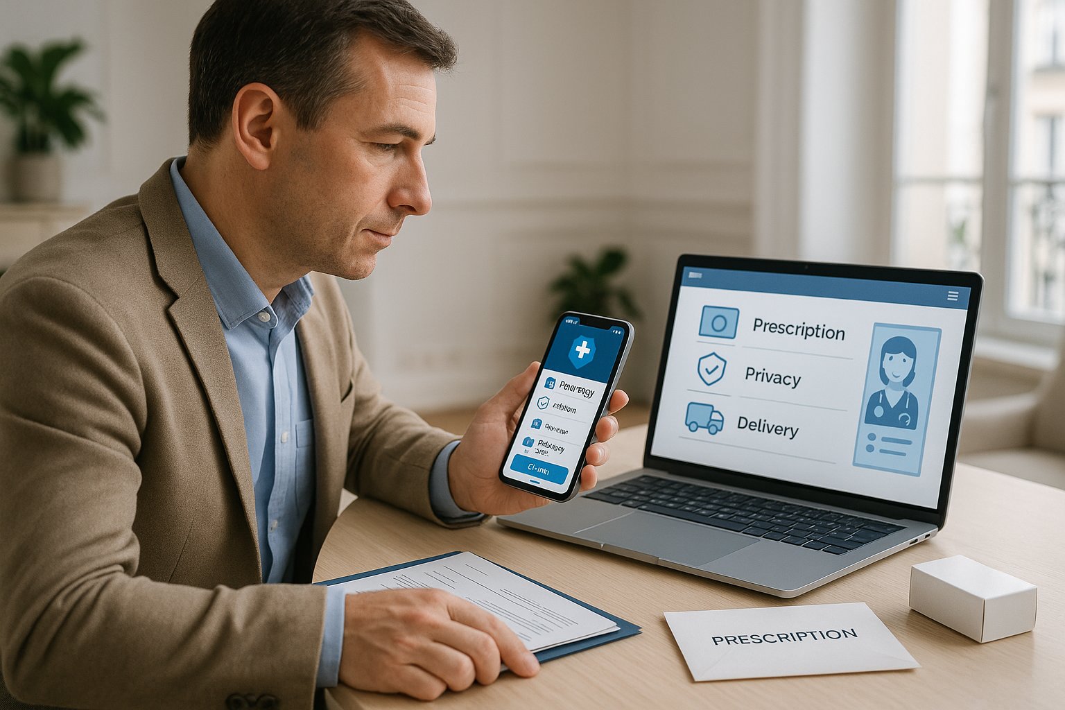 Patient checking a secure online pharmacy consultation at home in France.