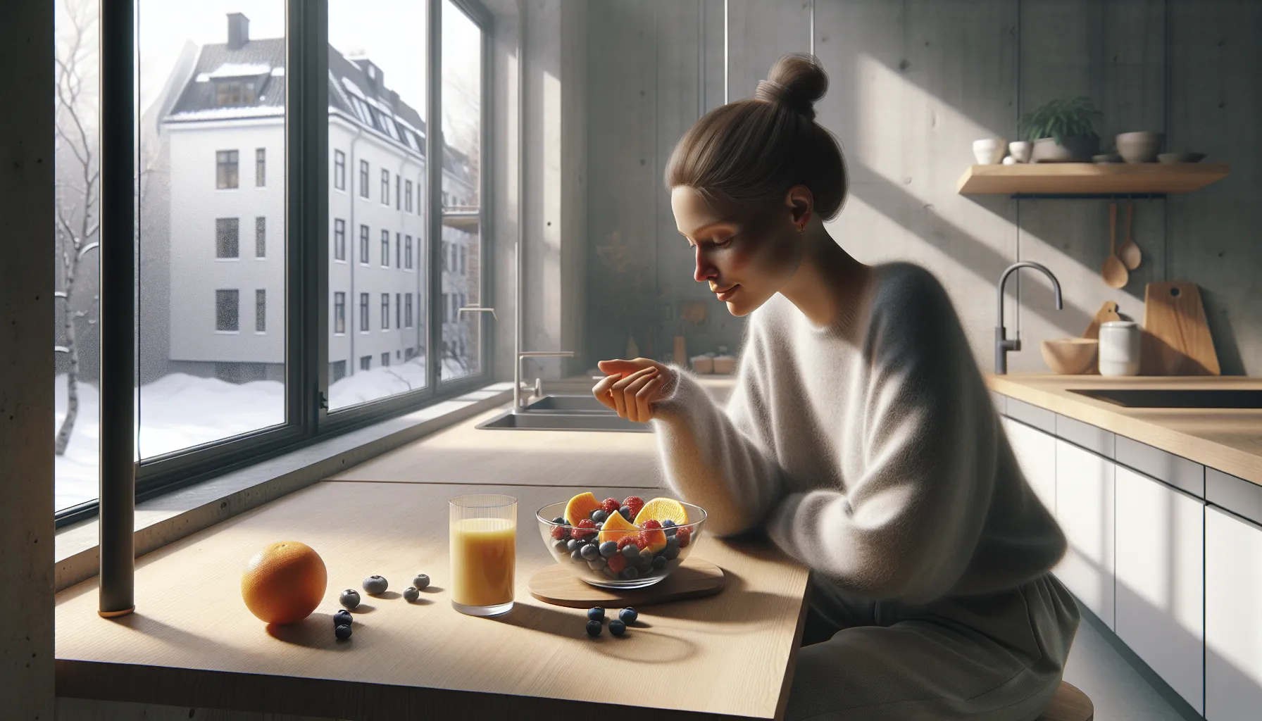 Relaxed woman in a norwegian kitchen enjoying a colorful bowl of fresh fruit.