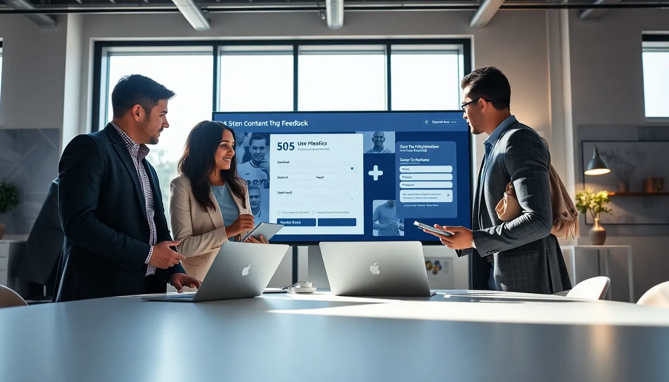 diverse team collaborating in a modern office setting around a contact form interface.