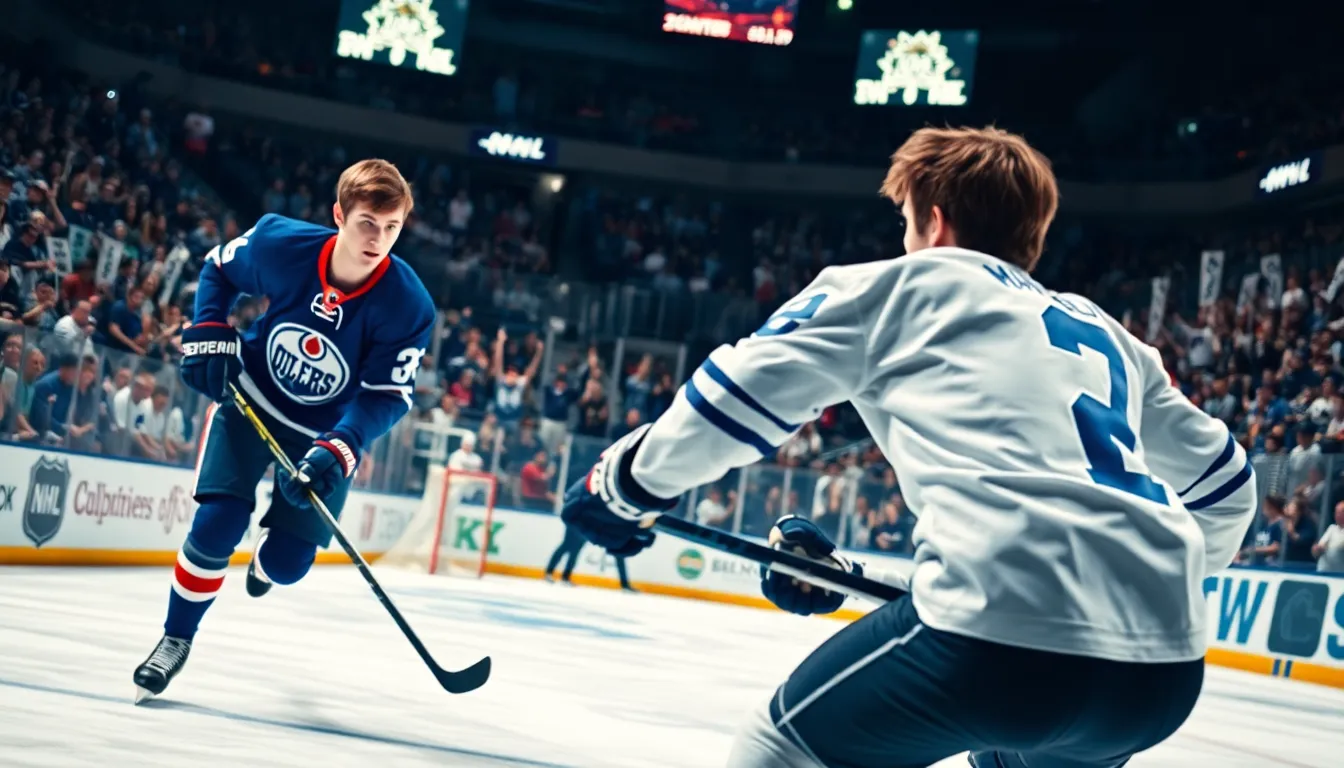 Connor McDavid and Auston Matthews competing in an intense NHL hockey match.