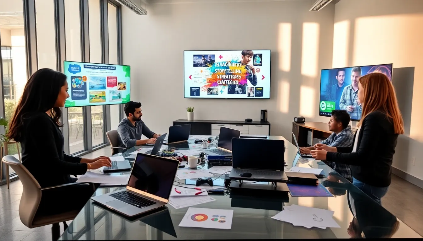diverse gaming team collaborating in a modern office setting.