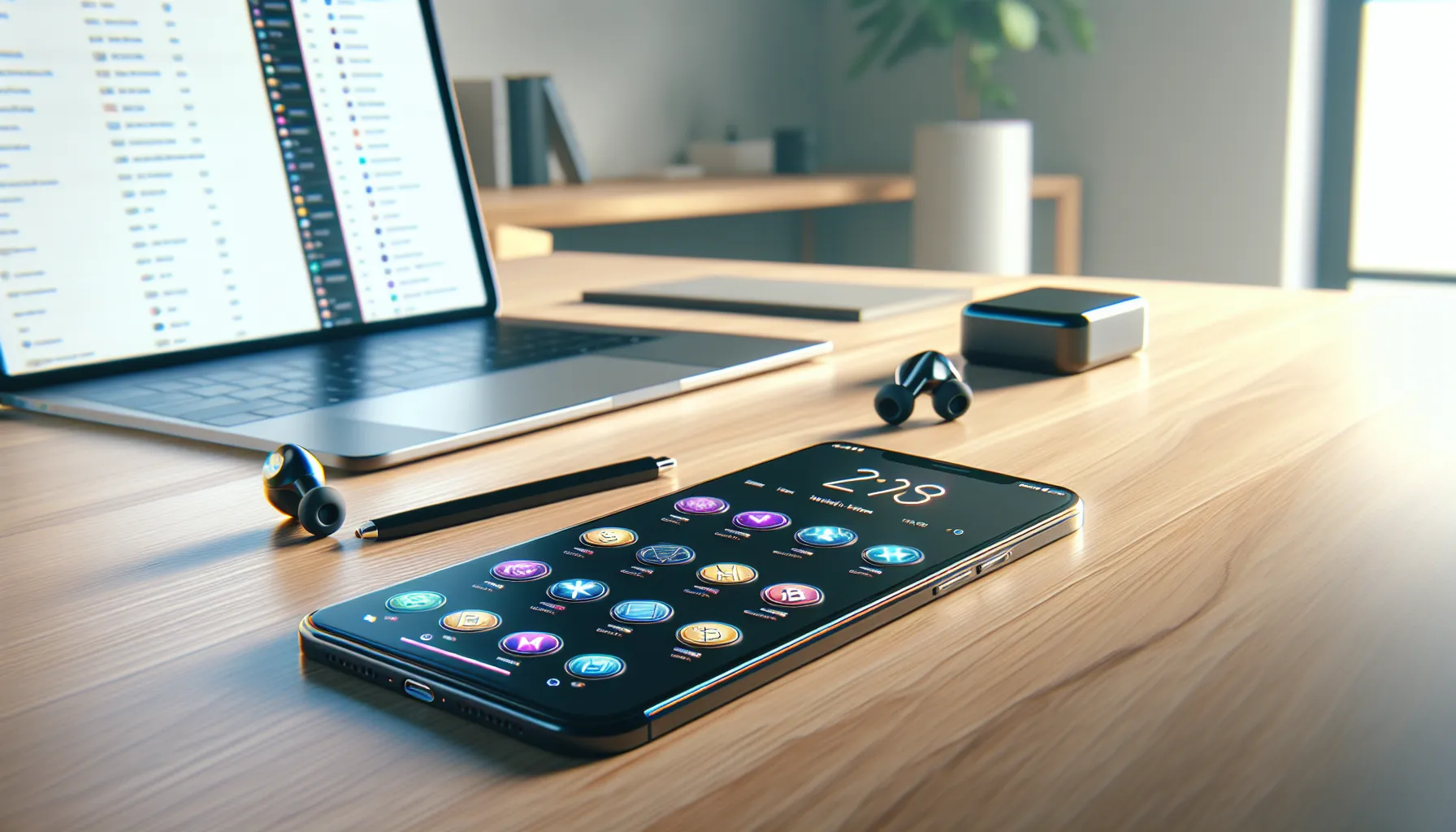 Smartphone displaying Math Wallet interface with blockchain icons on a modern desk.