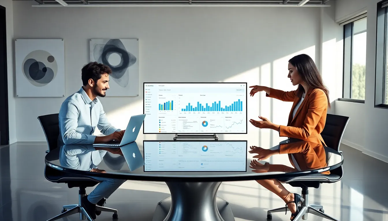 diverse team collaborating around Cloudysocial dashboard in modern office.