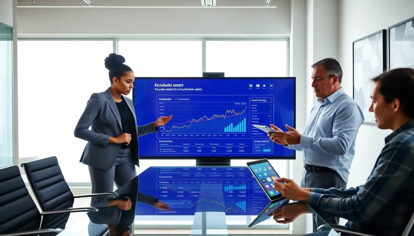 diverse professionals discussing Bitclassic encryption assets in a modern office.