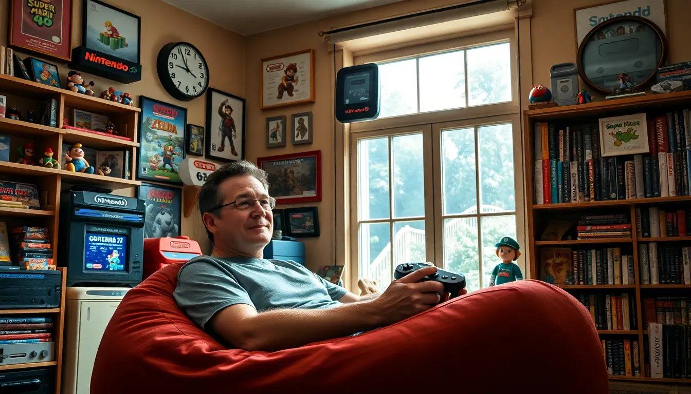 a man playing Nintendo 64 in a nostalgic gaming room.