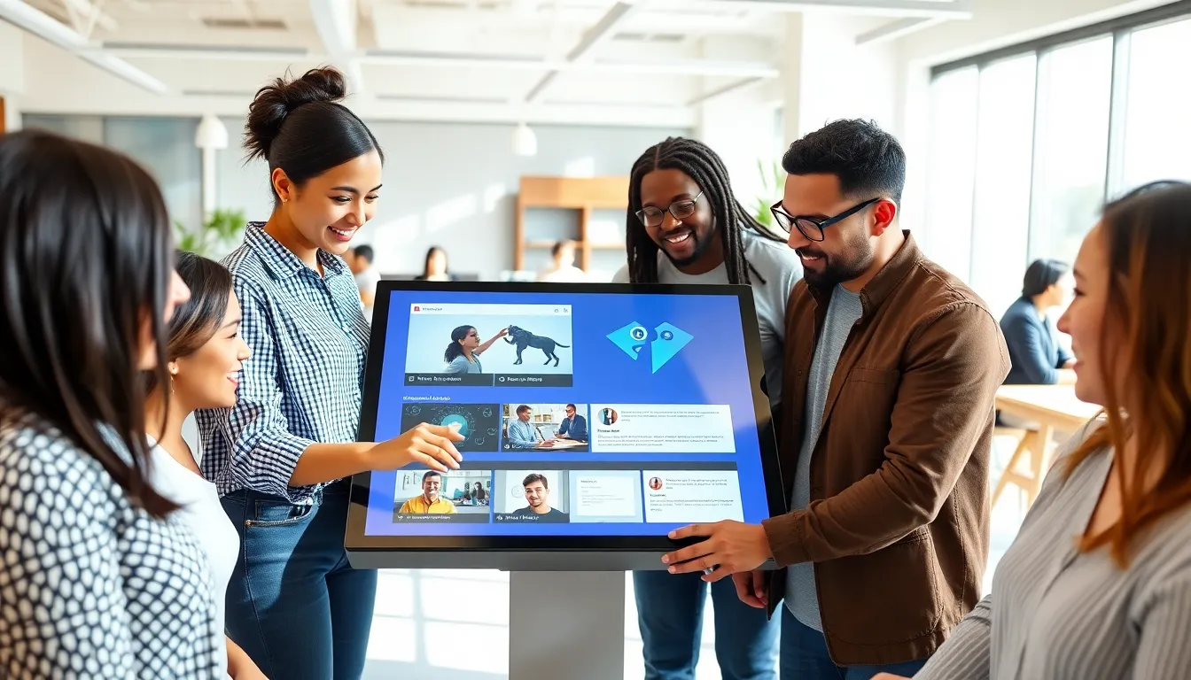 diverse team collaborating over an interactive digital platform in a modern workspace.