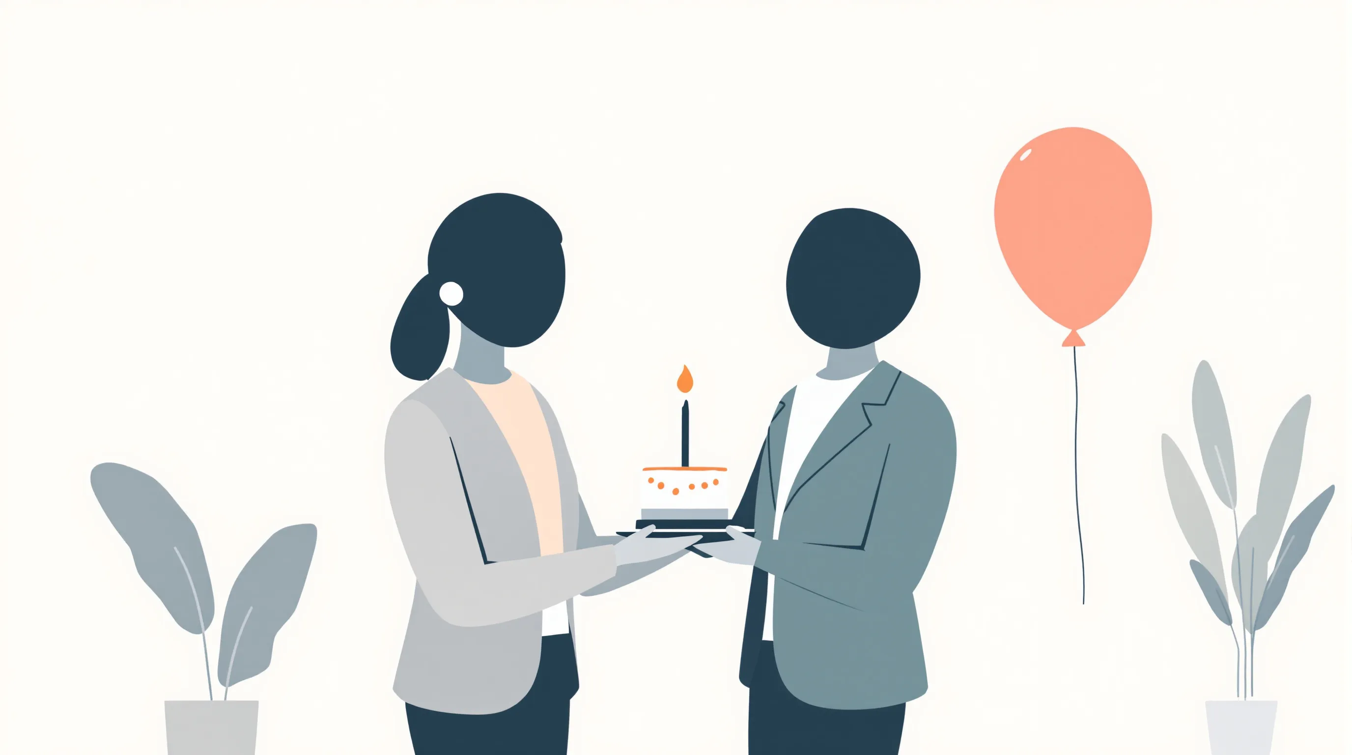 Two coworkers celebrating a birthday with a cake in a minimalist office setting.