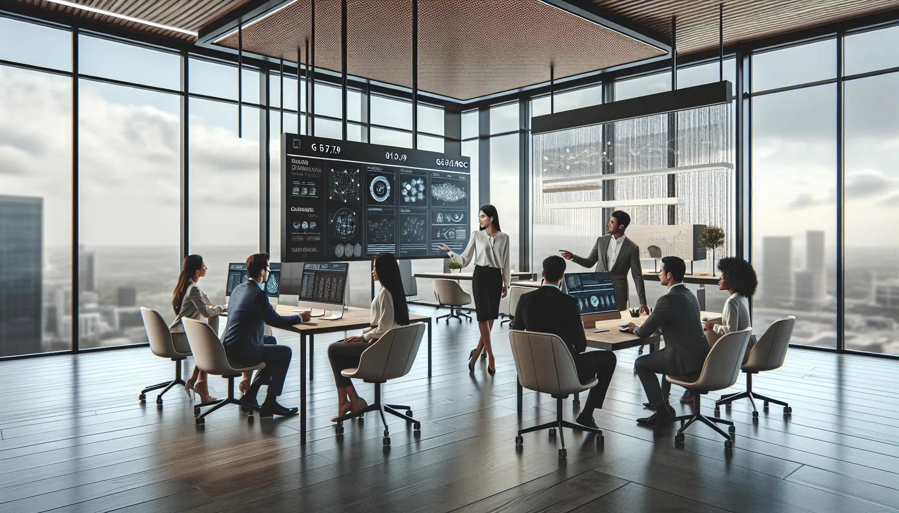 diverse team collaborating on predictive analytics in a modern office.