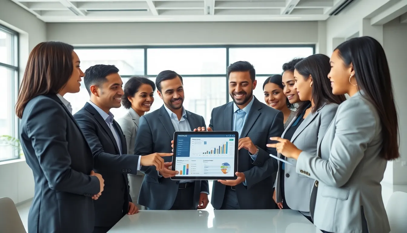 diverse professionals collaborating over a digital dashboard in a modern office.