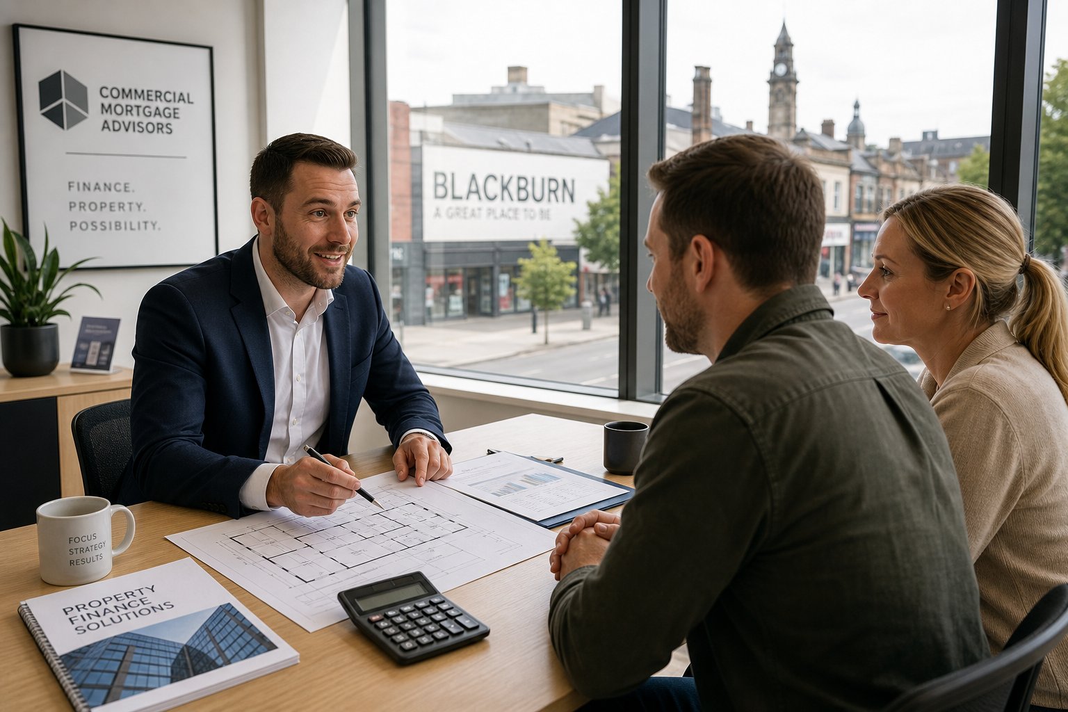 Commercial mortgage advisor meeting business owners in a bright Blackburn office with documents and property plans.