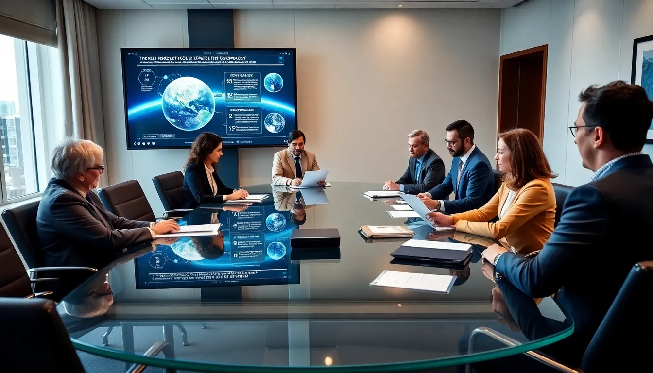 diverse legislators discussing space and technology initiatives in a modern office.