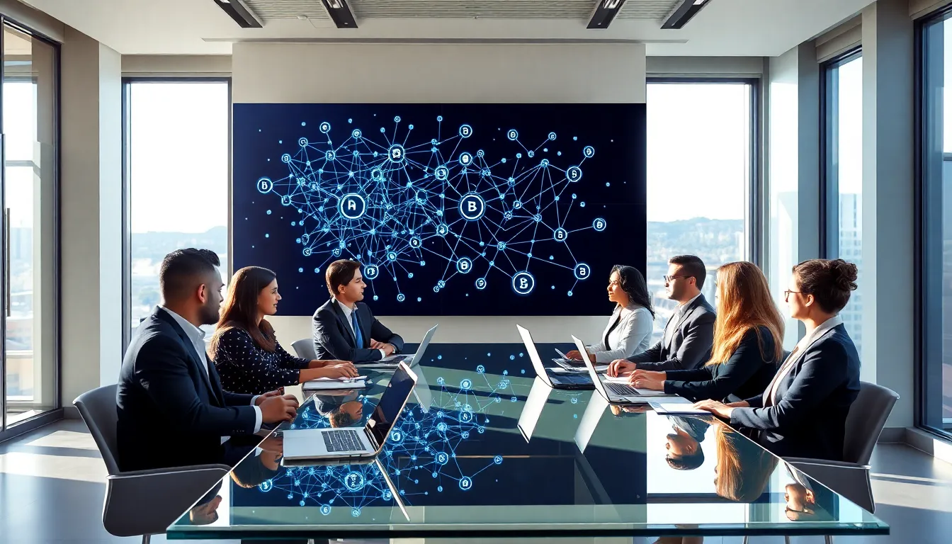 diverse team discussing blockchain technology in a modern office.