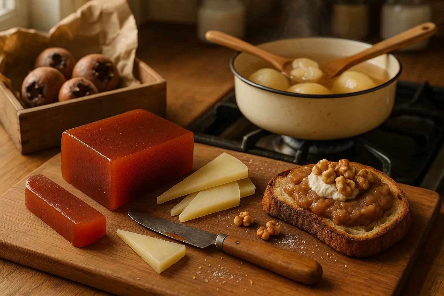A membrillo quince paste block with Manchego and bletted medlar toast.