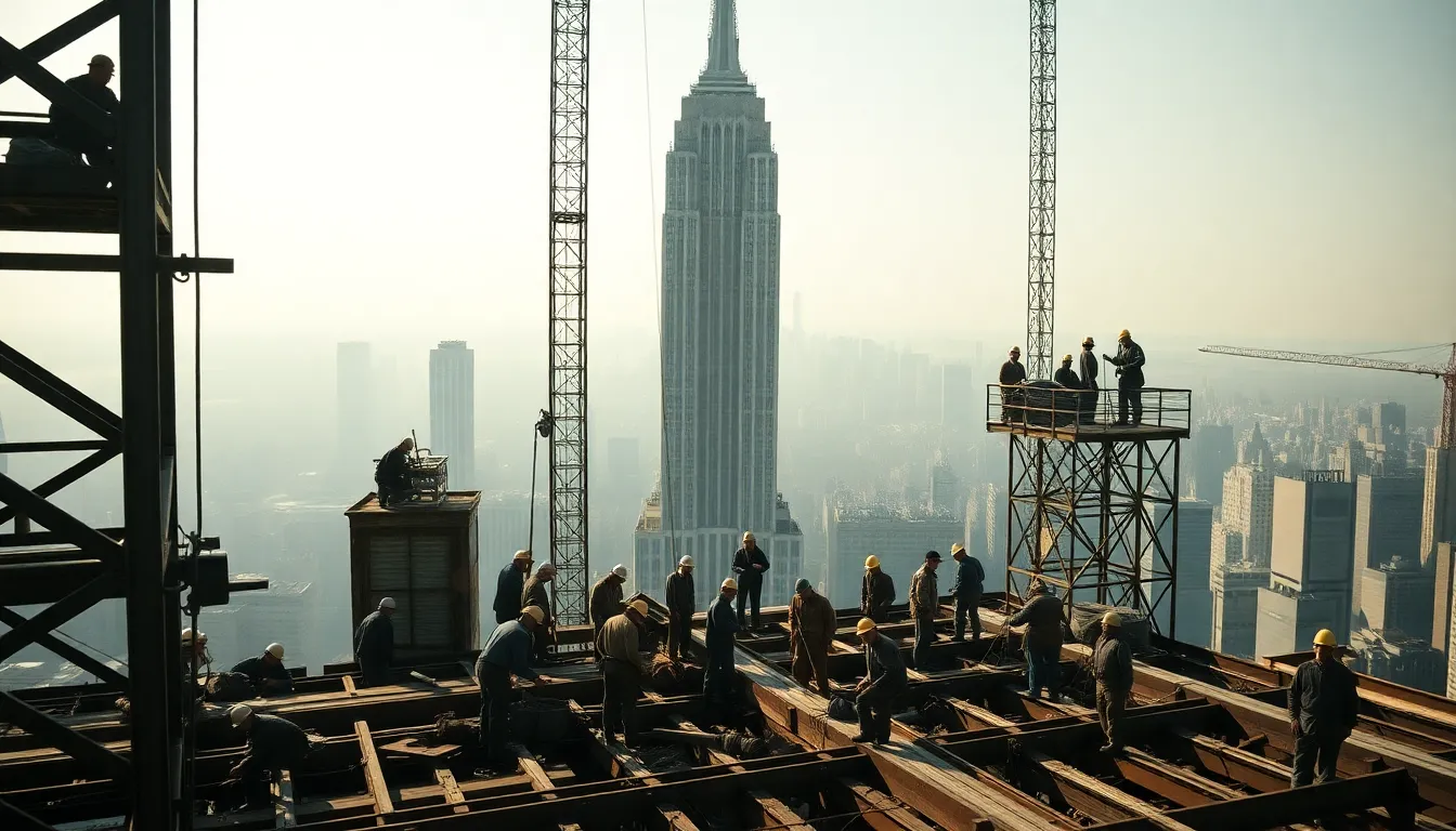 diverse workers constructing the Empire State Building in a 1930s setting.