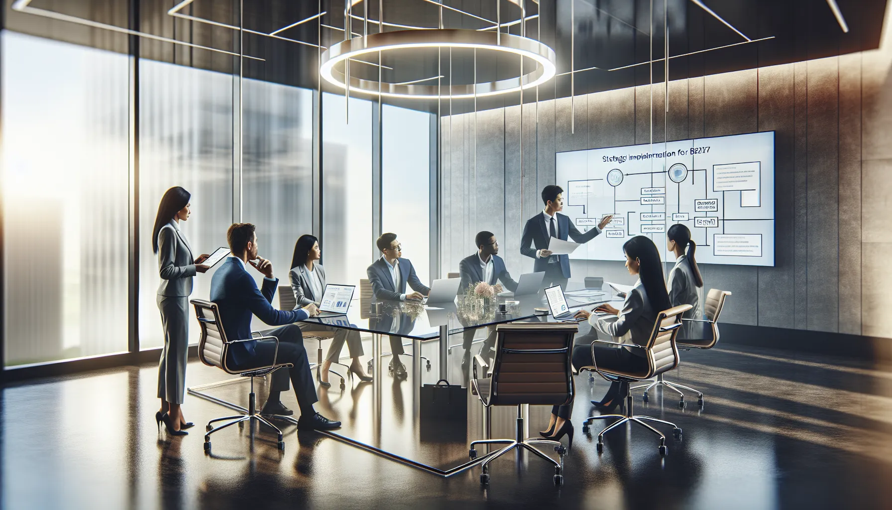 team discussing implementation strategy in a modern conference room.