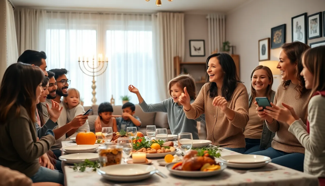 family celebrating Thanksgiving with dancing and traditions in a cozy living room.