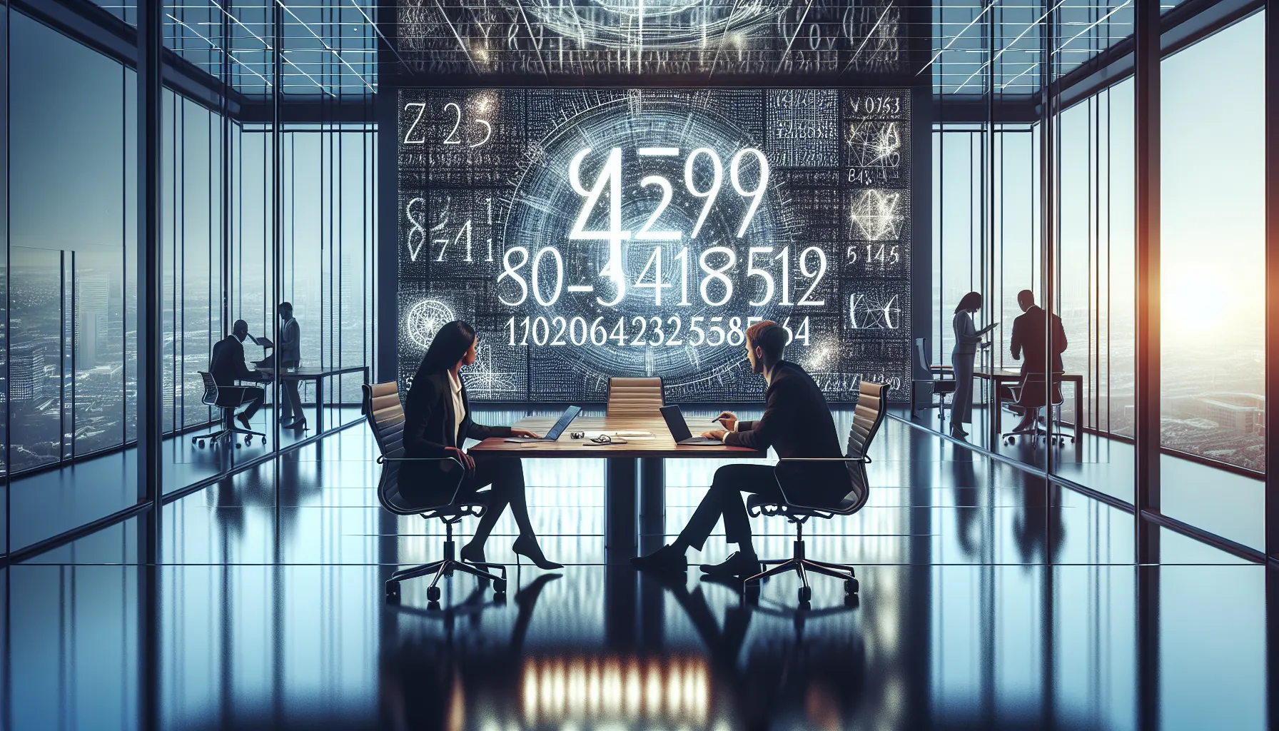 diverse professionals discussing mathematical concepts in a modern office.