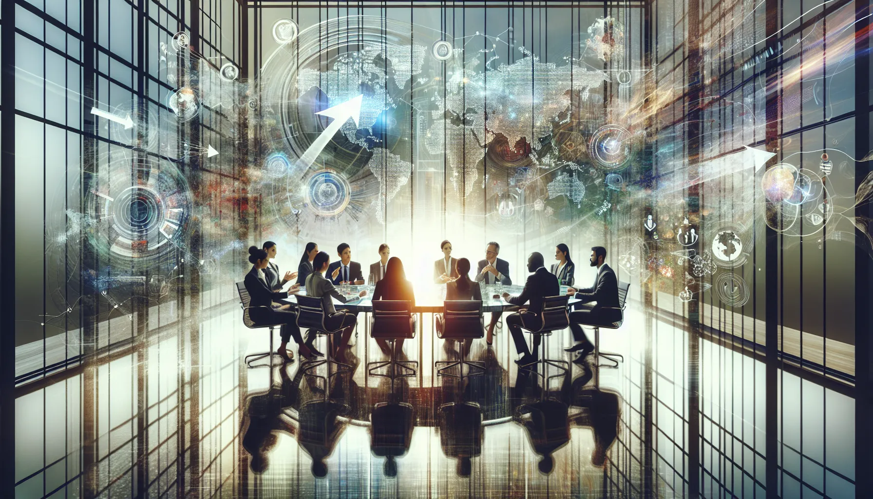 diverse professionals discussing Mihavarela influences in a modern office.
