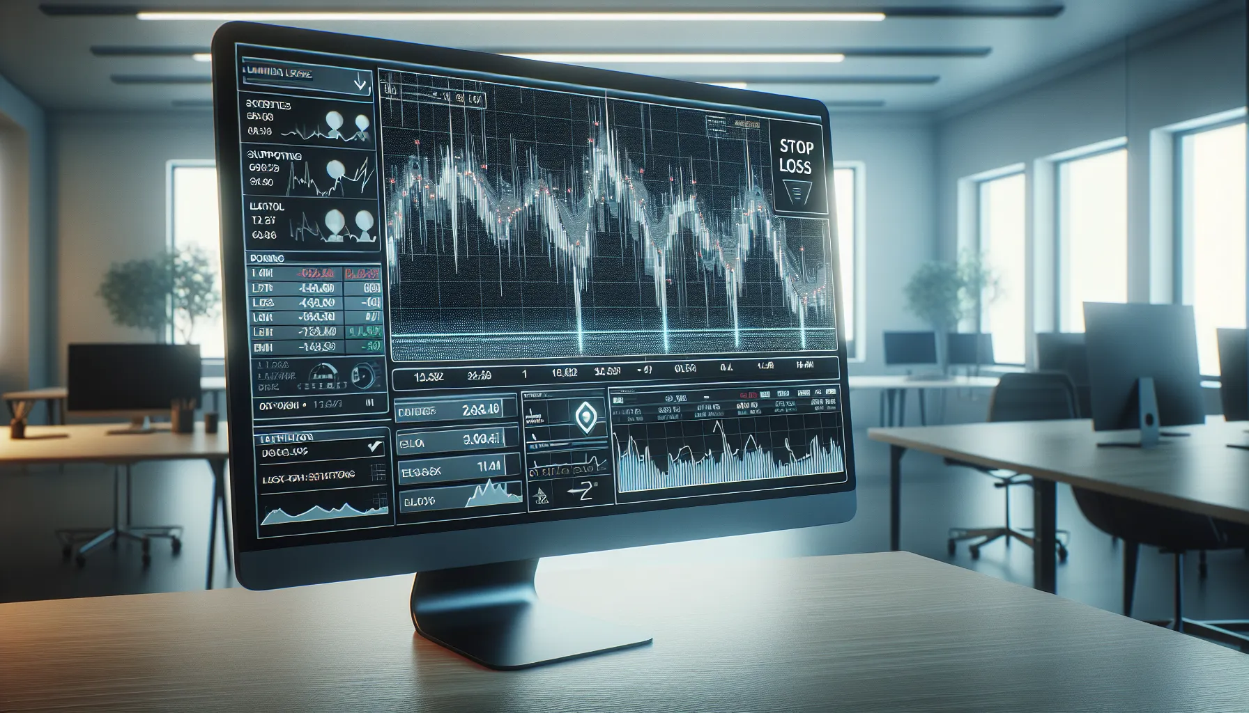 A computer screen showing a stock chart with a stop-loss order in a modern office.