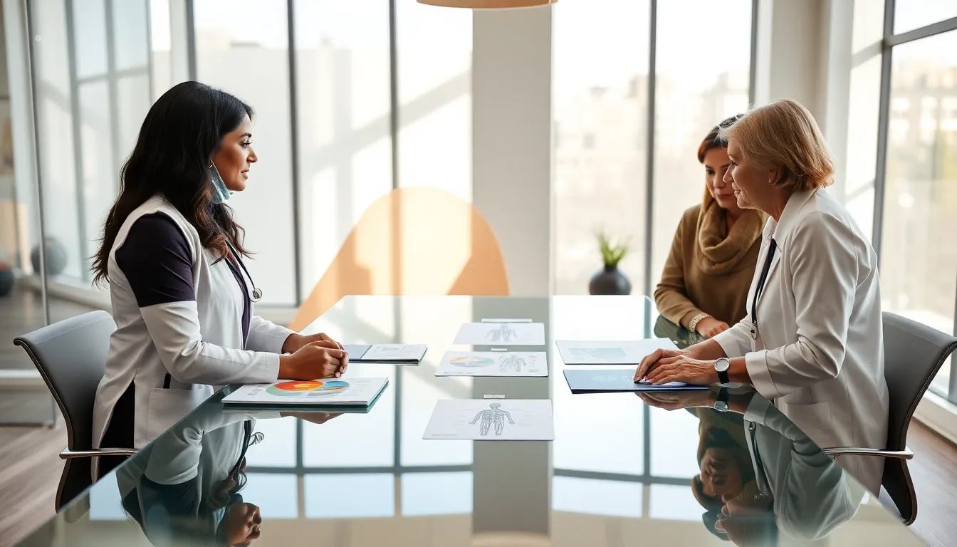 health professionals discussing wellness in a modern office.