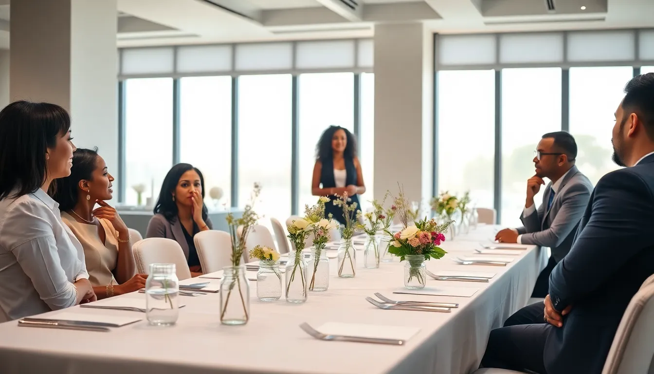 professionals discussing plans for a budget-friendly event in a stylish room.