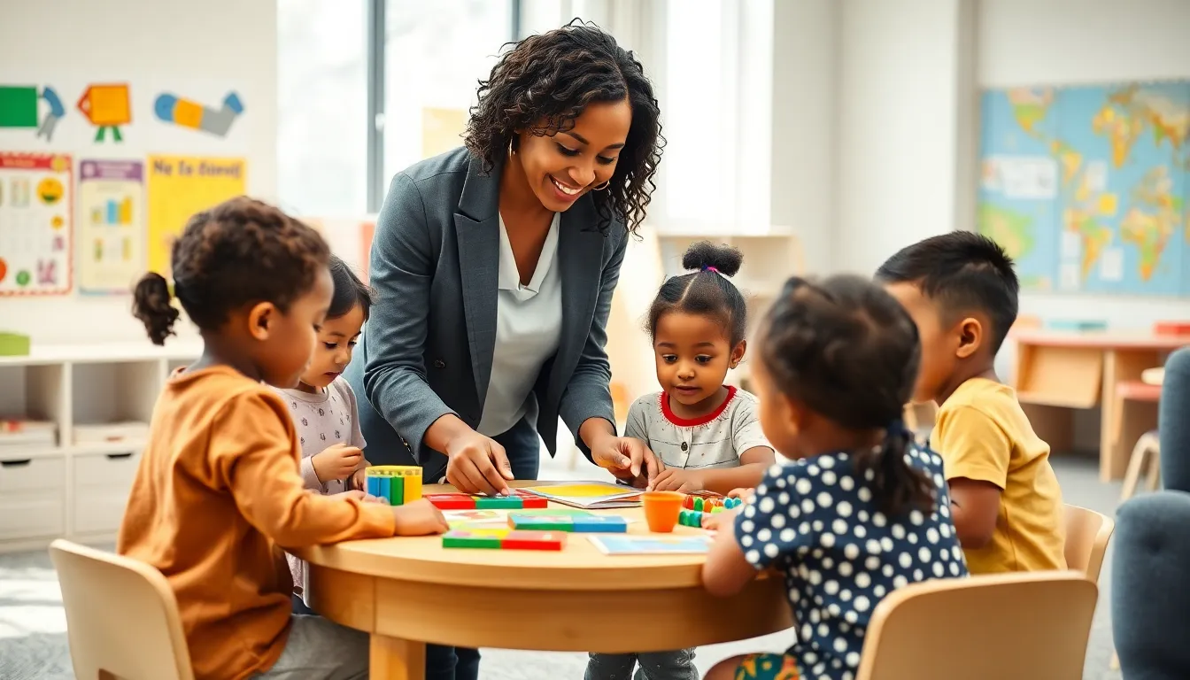 early childhood education specialist engaging with children in a vibrant classroom.