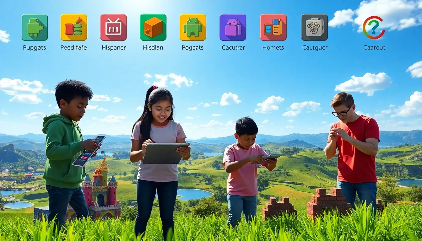 players building in a vibrant Minecraft landscape with colorful biomes.