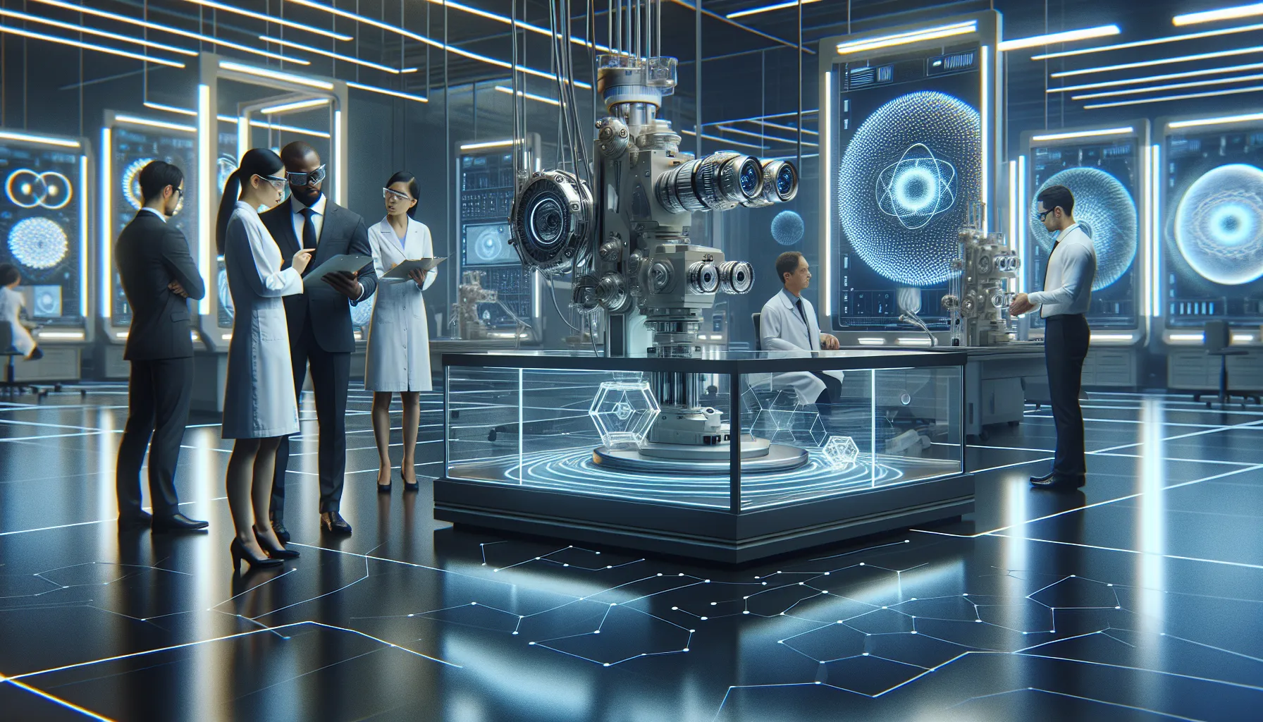 diverse professionals in a high-tech lab discussing femtozačma applications.