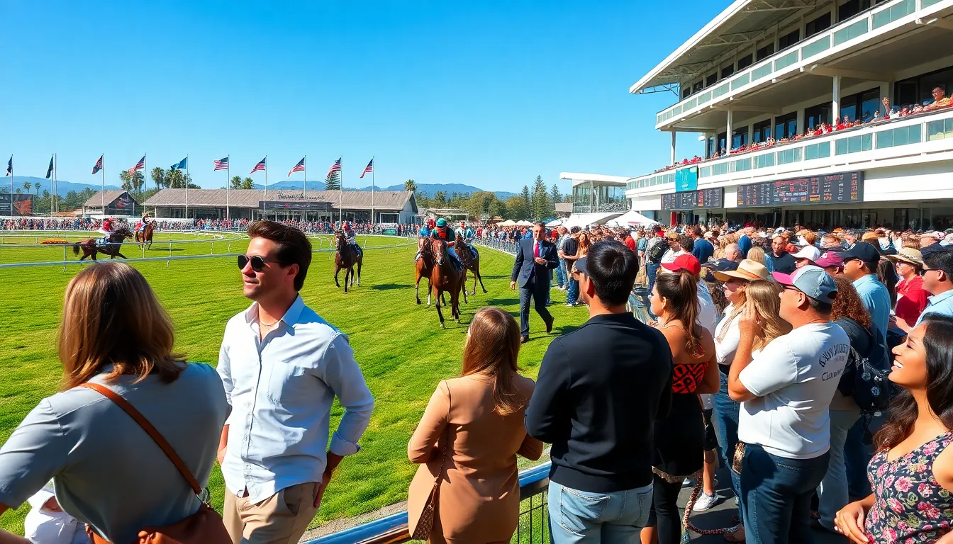 Spectators enjoying horse races at Del Mar Thoroughbred Club.