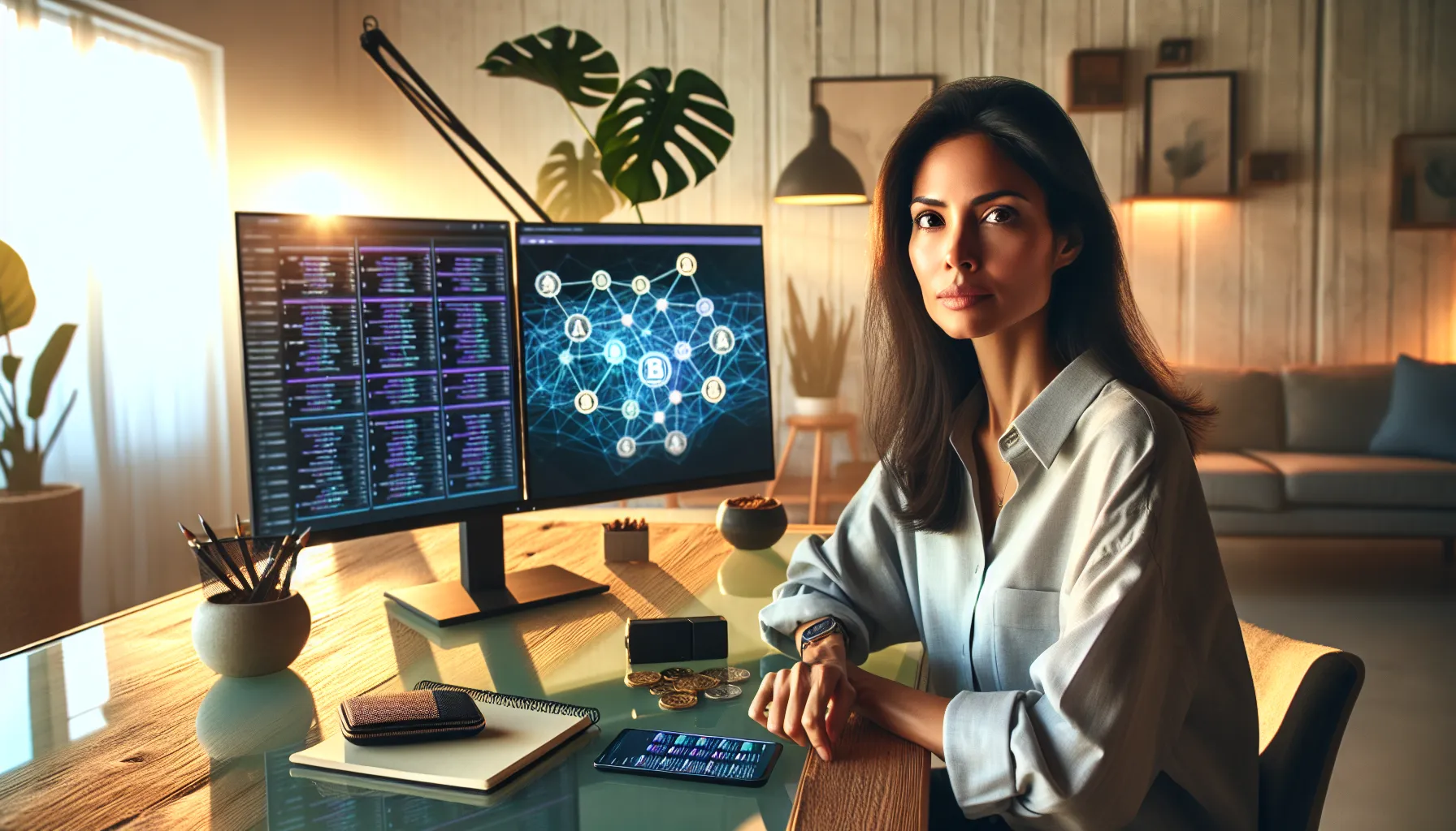Professional managing multi-chain crypto portfolio on dual monitors at home office desk.
