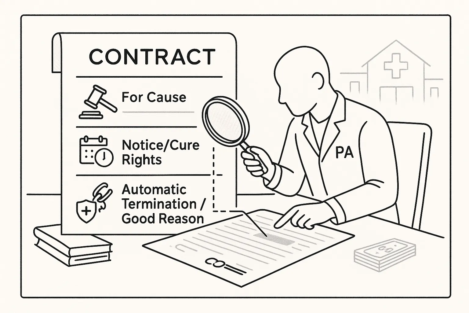 Physician assistant examining a contract with icons for termination clauses.