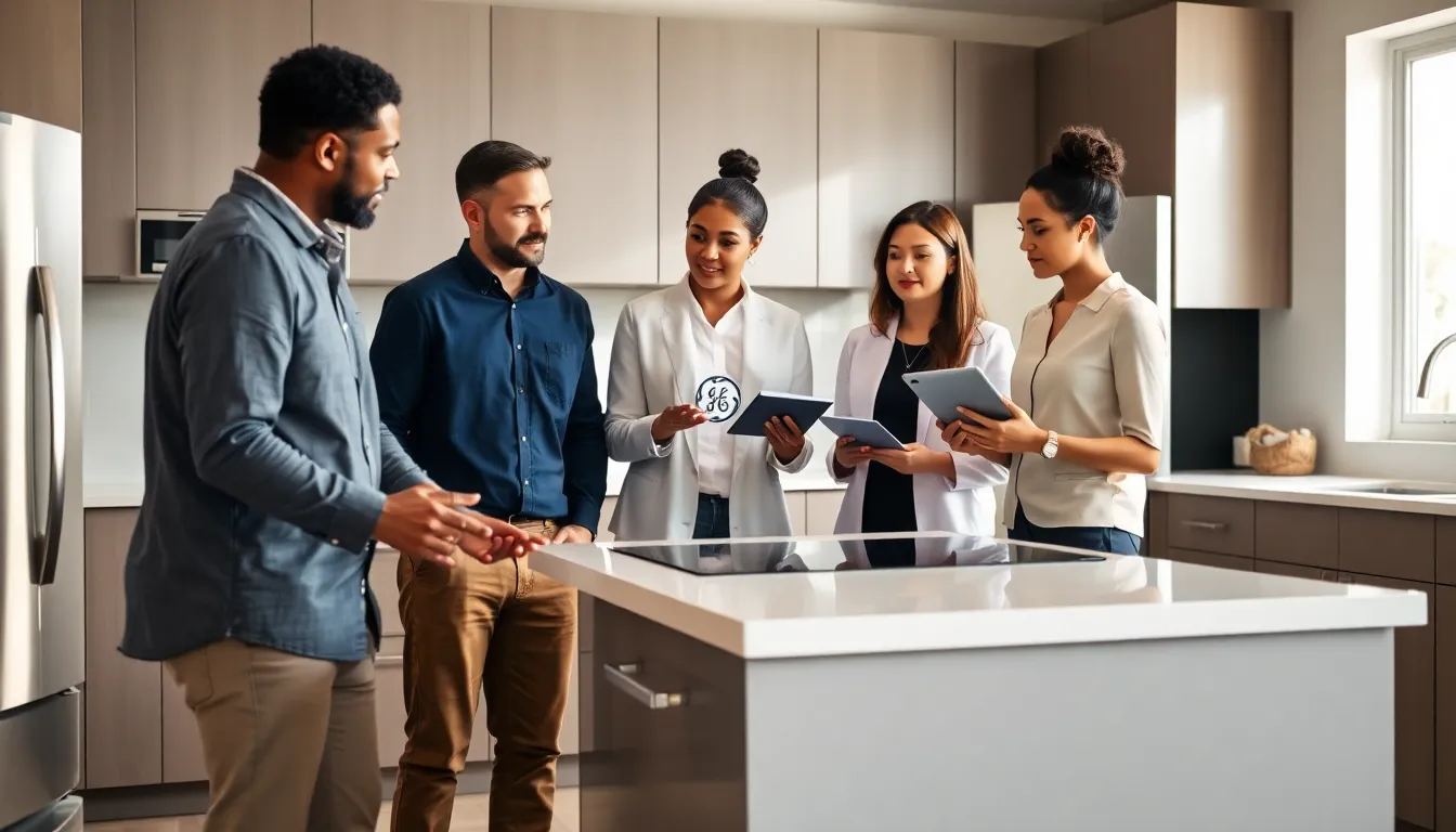professionals discussing GE product registration in a modern kitchen.