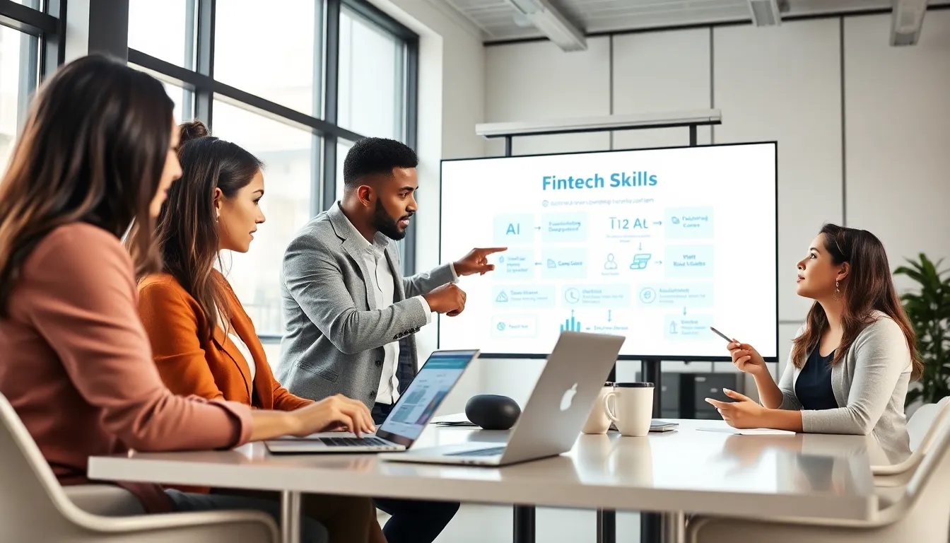 diverse team discussing fintech skills in a modern office.