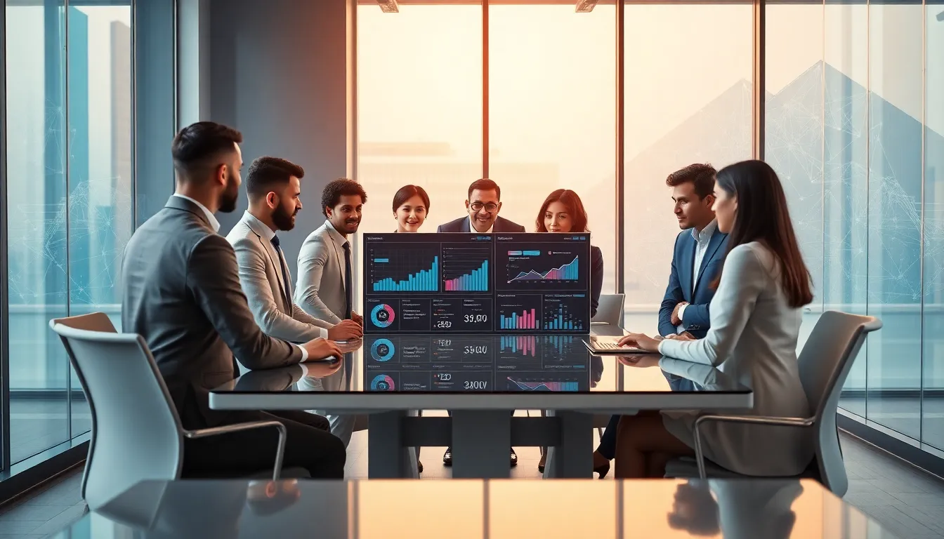 diverse team discussing data technology in a modern office.