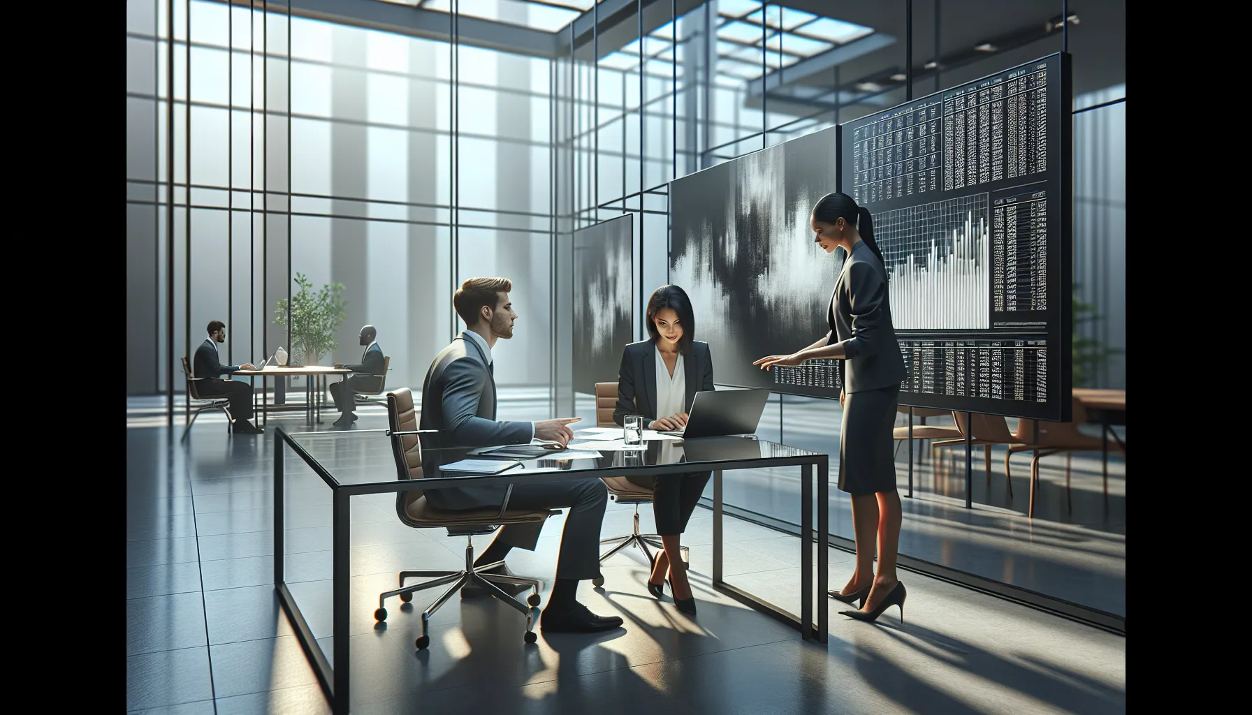 diverse team discussing data in a modern office.