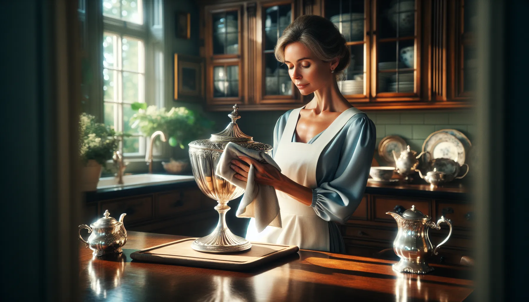 a woman polishing a silver vase in a cozy kitchen setting.