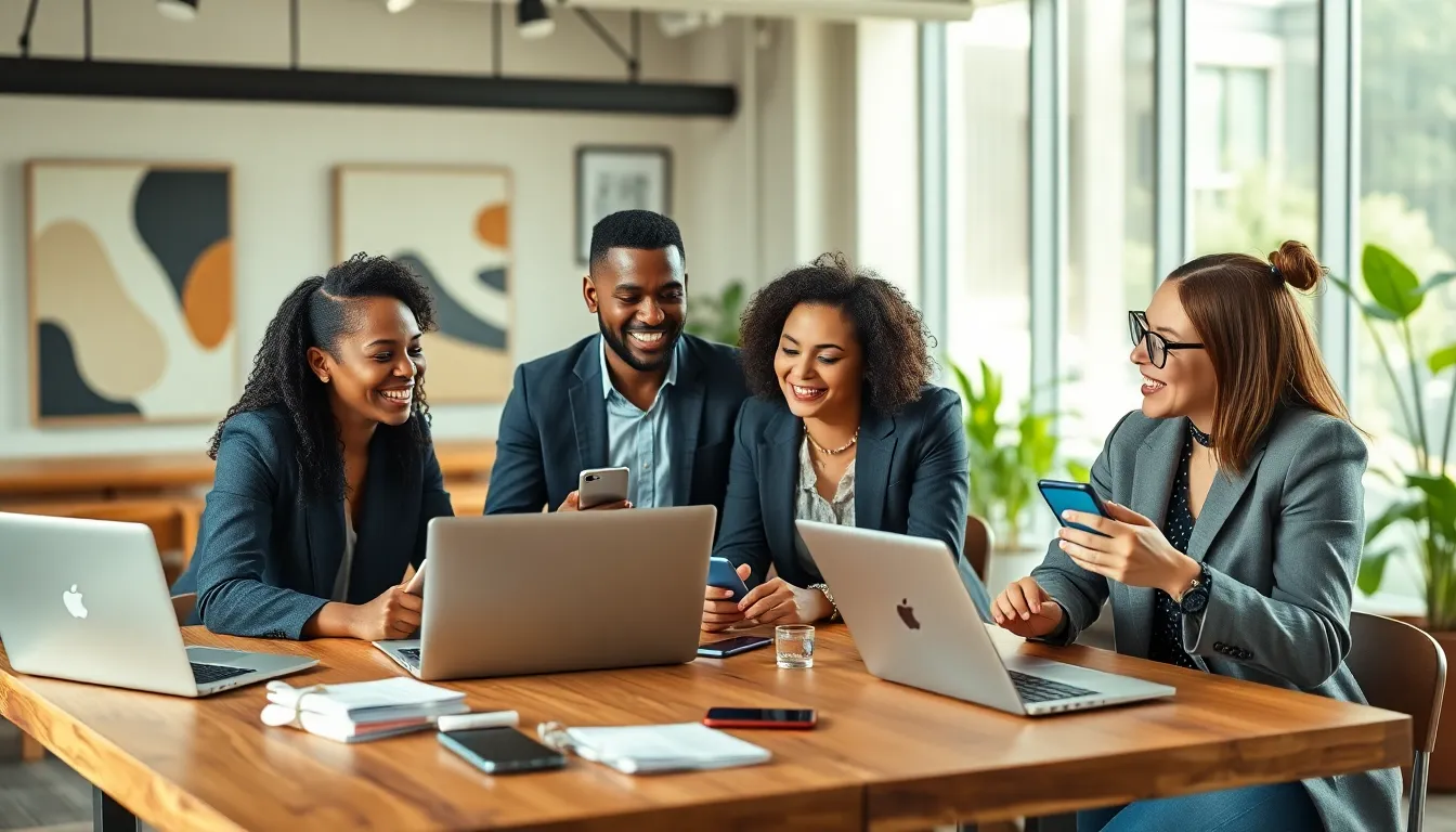millennials discussing finances in a modern co-working space.