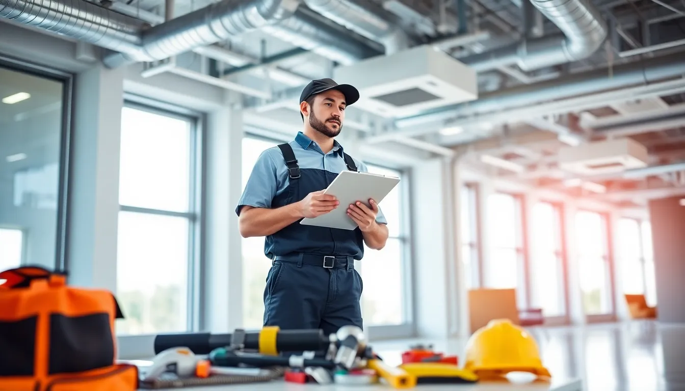 technician inspecting HVAC system in a modern office setting.