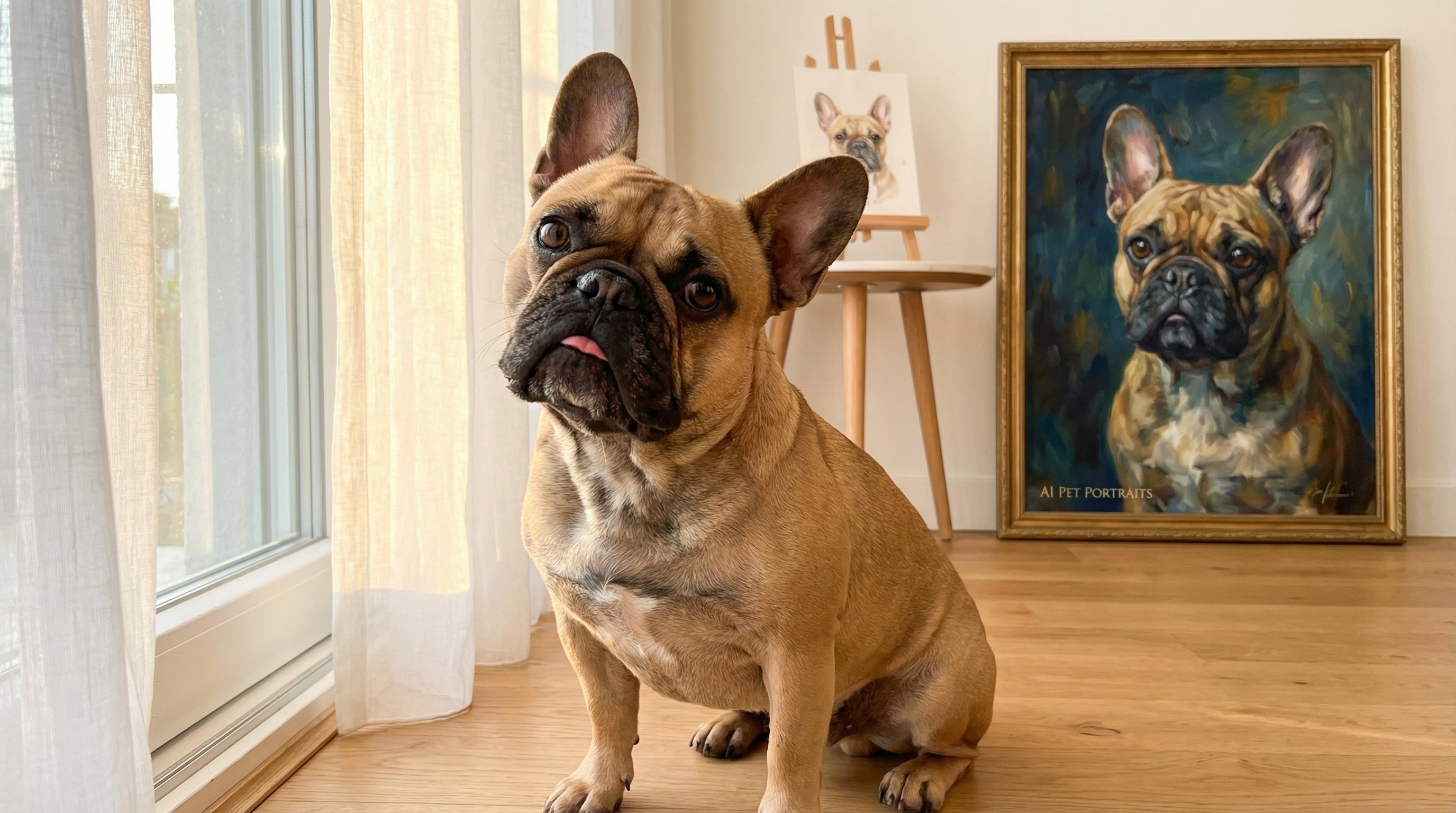 French Bulldog sitting by a sunny window with canvas portraits on the wall.