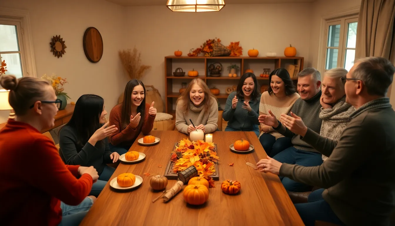 family playing games together during a Thanksgiving celebration.