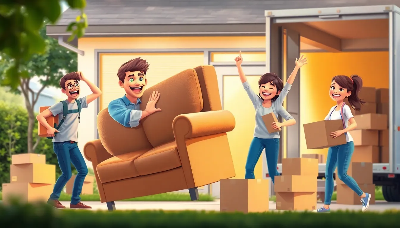 diverse group joyfully engaged in moving day activities.